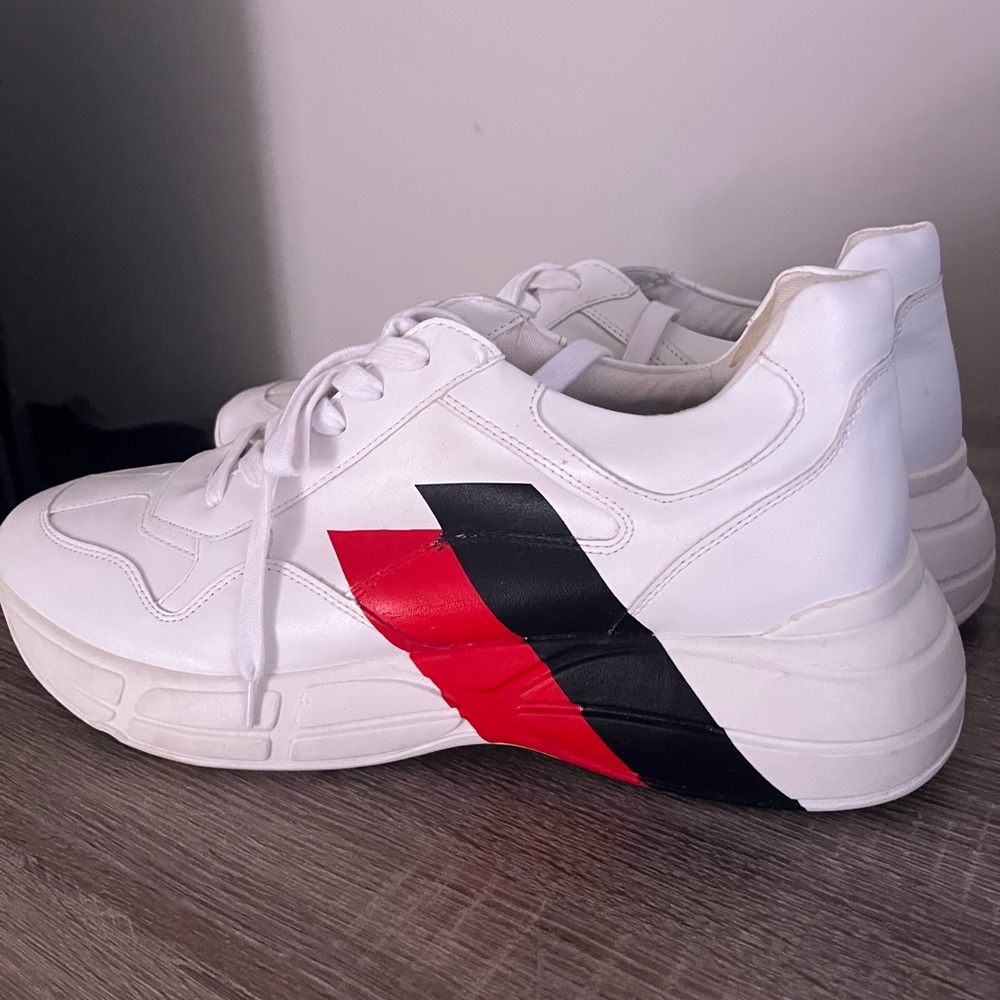 White Sneakers with Red and Black Stripe